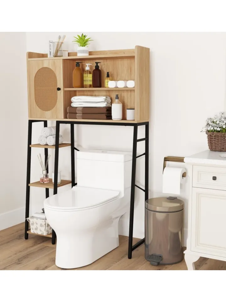 COSTWAY Badmöbel|Badezimmermöbel<Toilettenschrank mit PE-Rattan Tür in Hellbraun