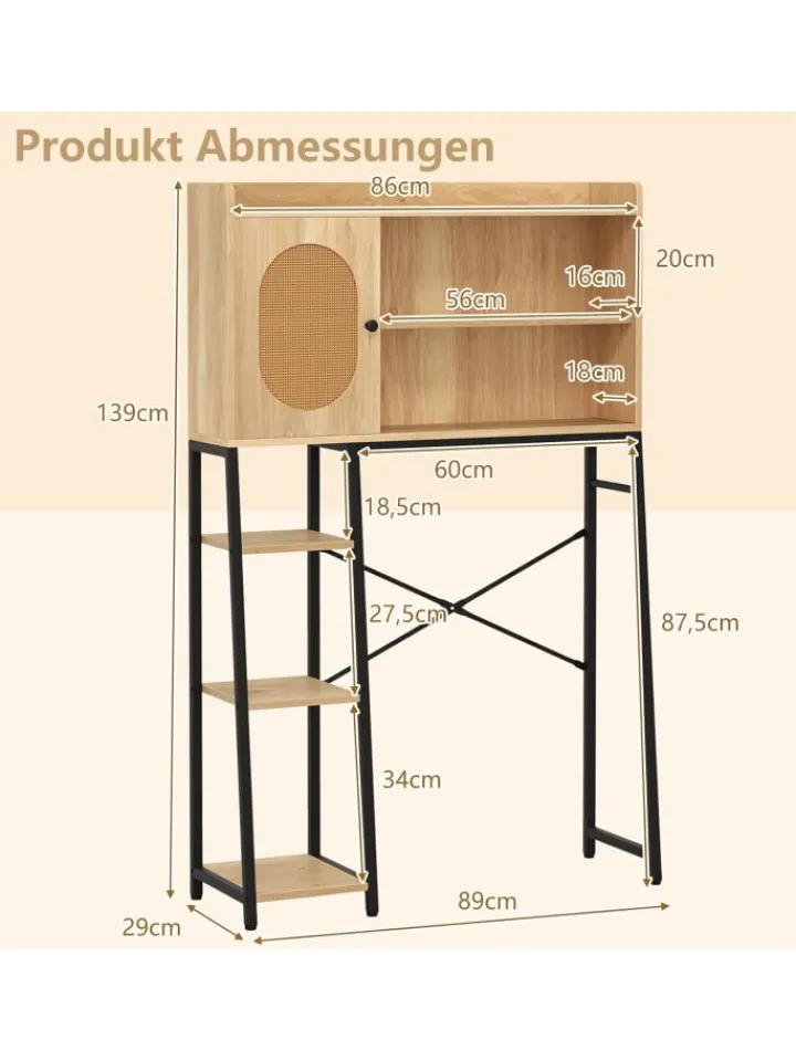 COSTWAY Badmöbel|Badezimmermöbel<Toilettenschrank mit PE-Rattan Tür in Hellbraun