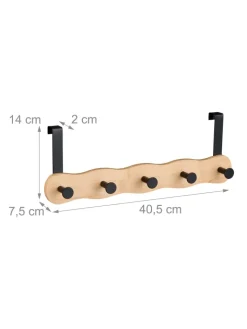 relaxdays Weitere Haushaltshelfer<Türgarderobe "5 Haken" in Natur/Schwarz - (B)40,5 x (H)14 x (T)7,5 cm