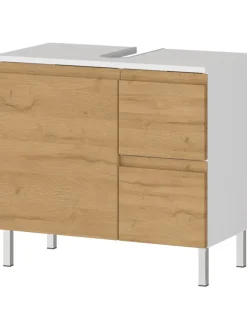 KADIMA DESIGN Badezimmermöbel<Unterschrank für Waschbecken, Weiß-Eiche, 60x34x56 cm, mit Chromfüßen