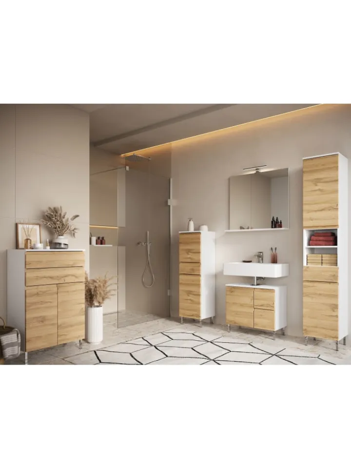 KADIMA DESIGN Badezimmermöbel<Unterschrank für Waschbecken, Weiß-Eiche, 60x34x56 cm, mit Chromfüßen