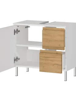 KADIMA DESIGN Badezimmermöbel<Unterschrank für Waschbecken, Weiß-Eiche, 60x34x56 cm, mit Chromfüßen