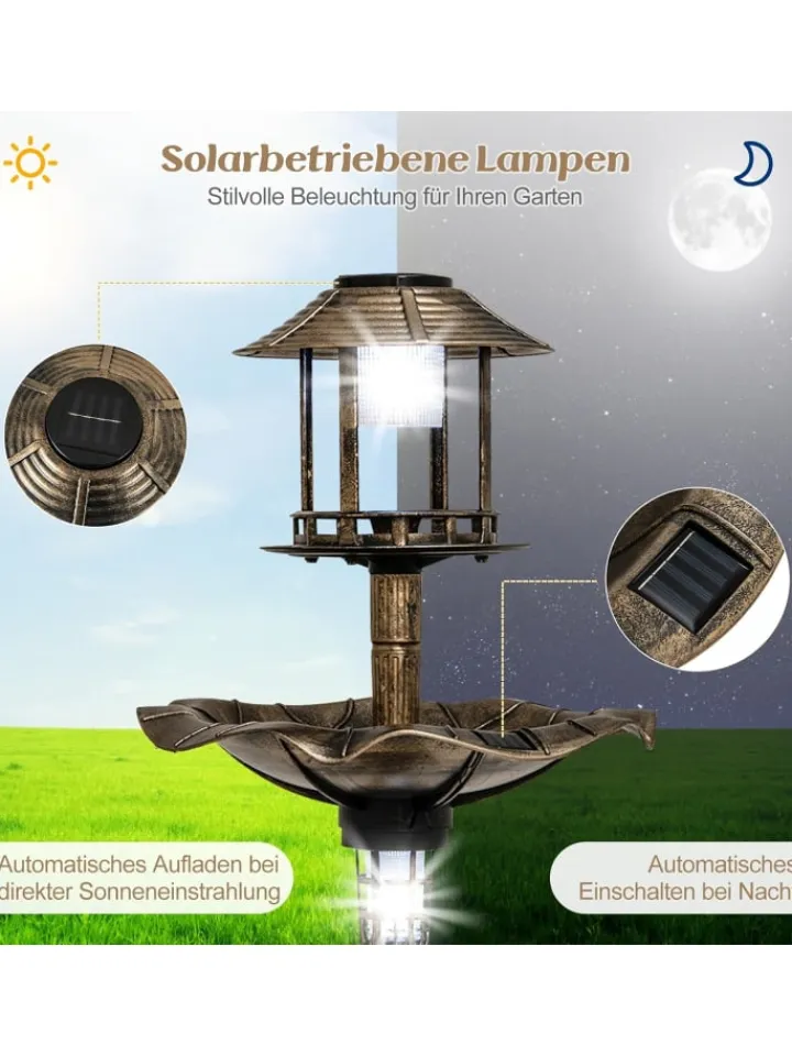 COSTWAY Vögel<Vogeltränke mit Solarleuchte in Bronze