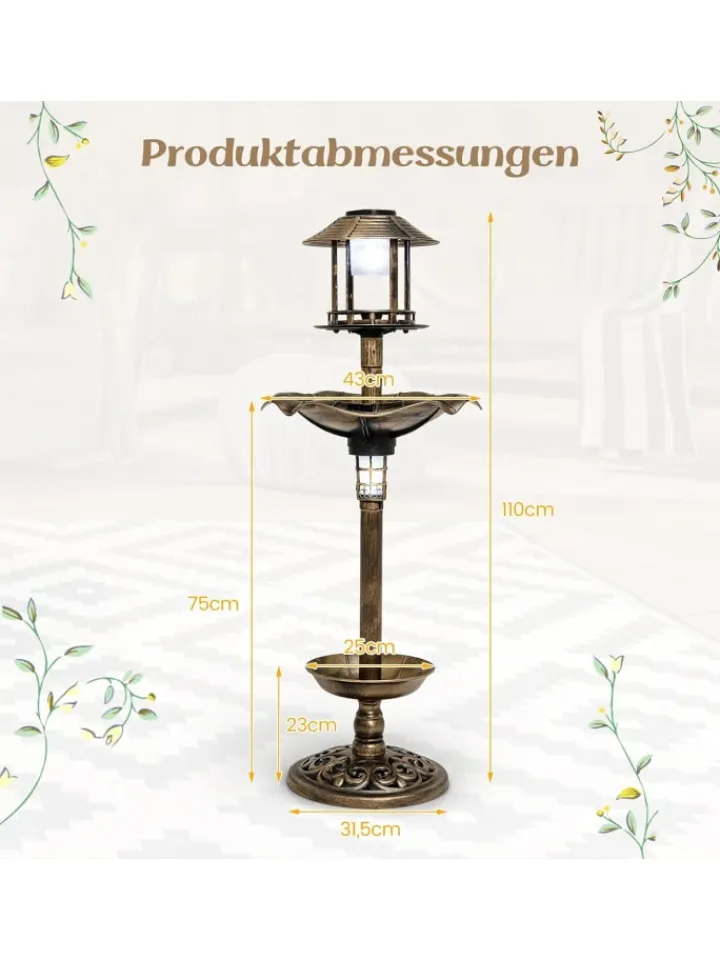 COSTWAY Vögel<Vogeltränke mit Solarleuchte in Bronze
