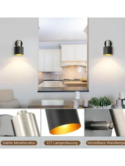 ZMH Wandleuchten<Wandleuchte 1-flammige E27 in schwarzgold drehbar 330° mit Schalter Metall