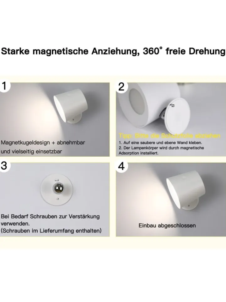 ZMH Wandleuchten<Wandleuchte in weiß 1-flammige akku 360° Drehbar