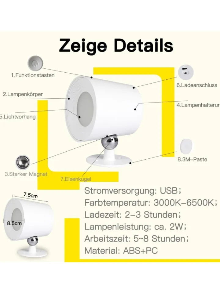 ZMH Wandleuchten<Wandleuchte in weiß 1-flammige akku 360° Drehbar