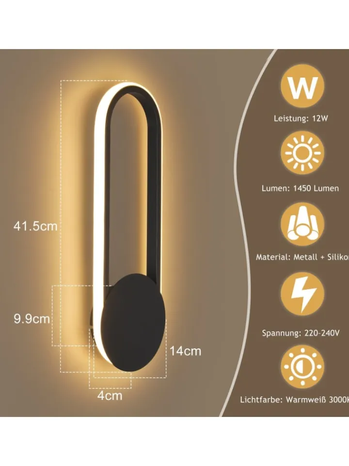 ZMH Wandleuchten<Wandleuchte LED in schwarz 12W Modern 3000K warmweiß Hallampe L 41.5cm