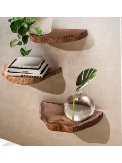 KADIMA DESIGN Regale & Schränke<Wandregal 3er Set Vollholz Hängeregal Baumscheibe, Natur