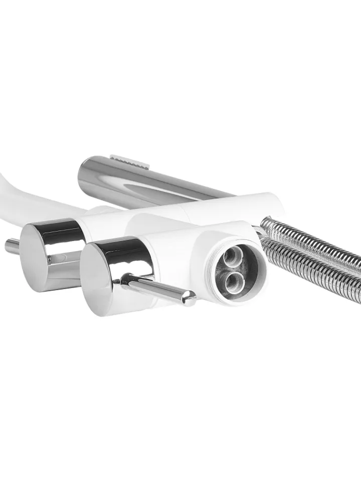 Beliani Badarmaturen<Wannenarmaturen TUGELA in Weiß/Silber - (W) 21 x (H) 116 x (L) 16 cm