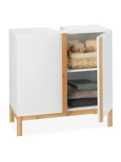 relaxdays Badmöbel|Badezimmermöbel<Waschbeckenunterschrank in Weiß/Natur - (B)60 x (H)60,5 x (T)30,5 cm