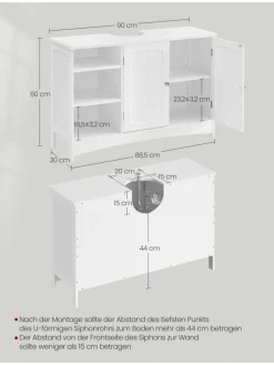 Songmics Badmöbel|Badezimmermöbel<Waschbeckenunterschrank in Weiß - (B)90 x (H)60 x (T)30 cm