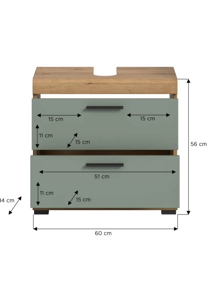 xonox.home Badmöbel<Waschbeckenunterschrank in Artisan Eiche/Salbei - (B) 60 x (H) 56 x (T) 37
