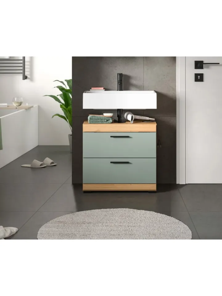 xonox.home Badmöbel<Waschbeckenunterschrank in Artisan Eiche/Salbei - (B) 60 x (H) 56 x (T) 37