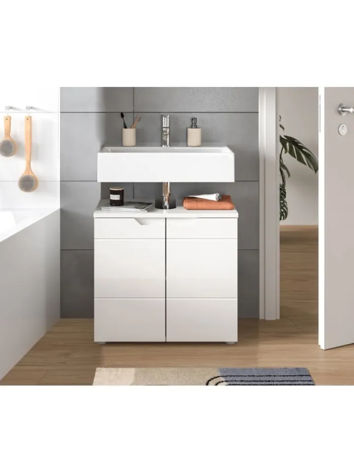 xonox.home Badmöbel|Badezimmermöbel<Waschbeckenunterschrank in weiß/weiß hochglanz - (B) 63 x (H) 59 x (T) 34