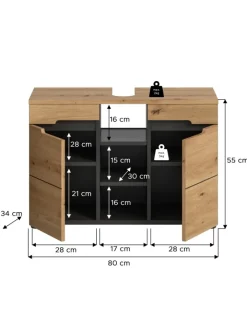 xonox.home Badezimmermöbel<Waschbeckenunterschrank in Basalt grau/Artisan Eiche - (B) 80 x (H) 55 x (T) 34