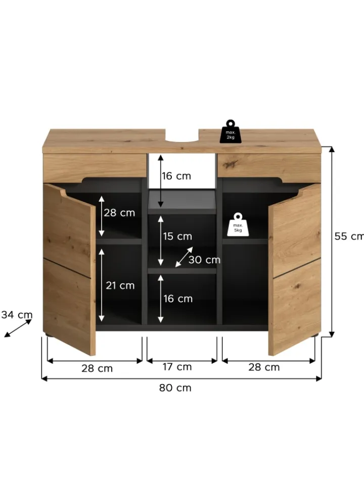 xonox.home Badezimmermöbel<Waschbeckenunterschrank in Basalt grau/Artisan Eiche - (B) 80 x (H) 55 x (T) 34