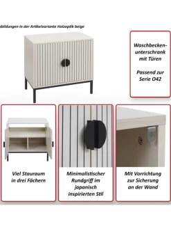 MCW Badmöbel|Badezimmermöbel<Waschbeckenunterschrank O42 mit 2 Türen, Holzoptik natur