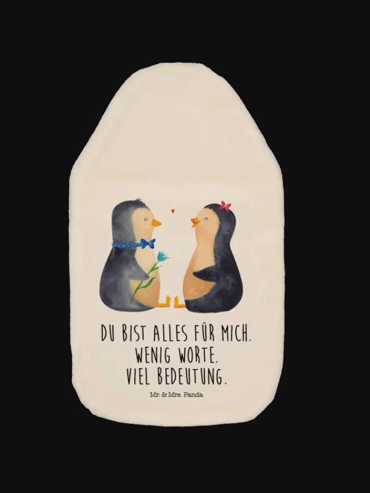 Mr. & Mrs. Panda Wärmflaschen & -Kissen<Wärmflasche Pinguin Pärchen mit Spruch in Weiß