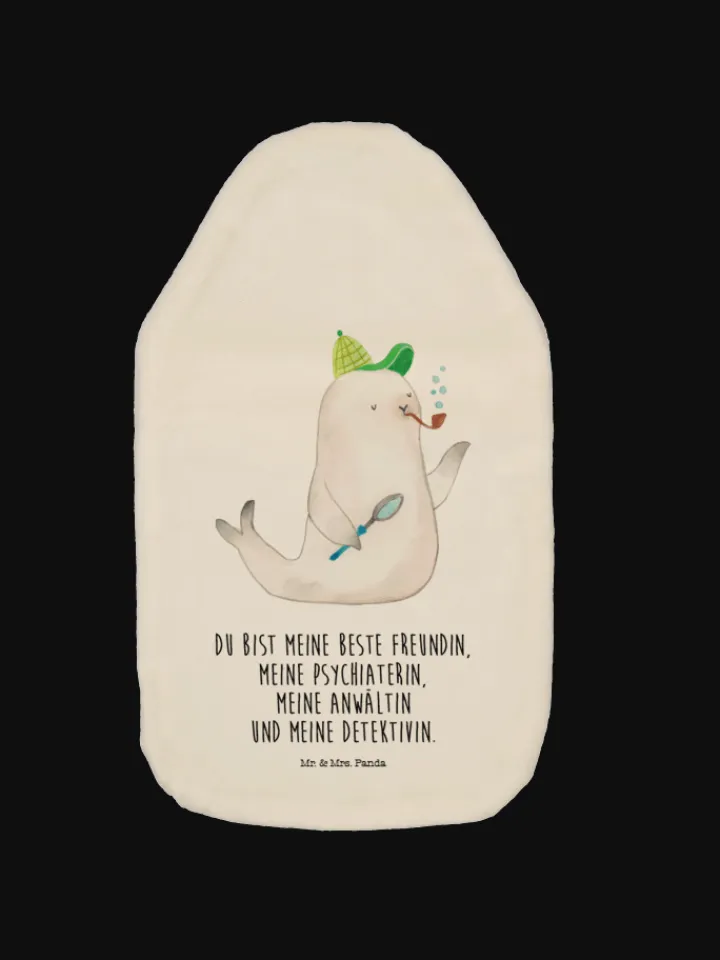 Mr. & Mrs. Panda Wärmflaschen & -Kissen<Wärmflasche Robbe Sherlock mit Spruch in Weiß