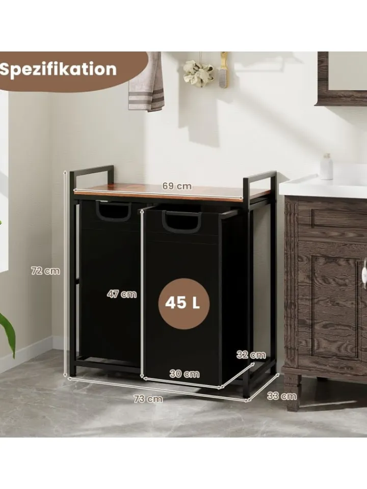 COSTWAY Wäschekörbe & -Ständer<Wäschekorb 2 Fächer 90L in Schwarz