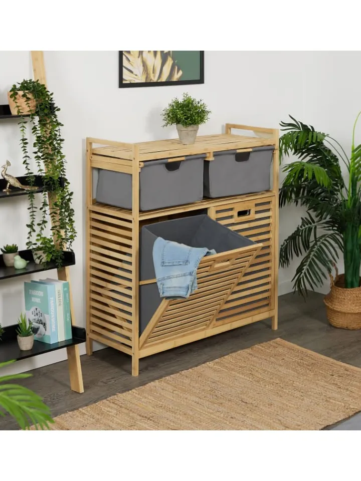 relaxdays Wäschekörbe & -Ständer<Wäschekorb in Natur/ Grau - (B)88 x (H)95 x (T)33 cm