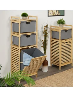 relaxdays Wäschekörbe & -Ständer<Wäschekorb in Natur/ Grau - (B)40 x (H)120 x (T)33 cm