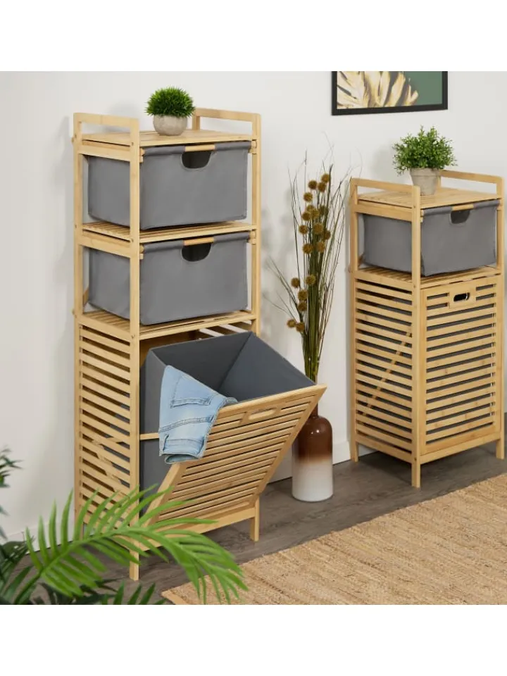relaxdays Wäschekörbe & -Ständer<Wäschekorb in Natur/ Grau - (B)40 x (H)120 x (T)33 cm