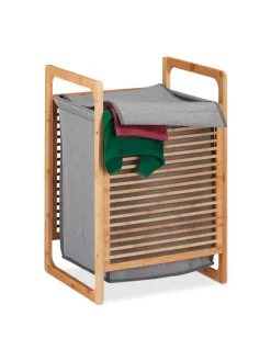 relaxdays Wäschekörbe & -Ständer<Wäschekorb in Natur/Grau - (B)40 x (H)60 x (T)35 cm