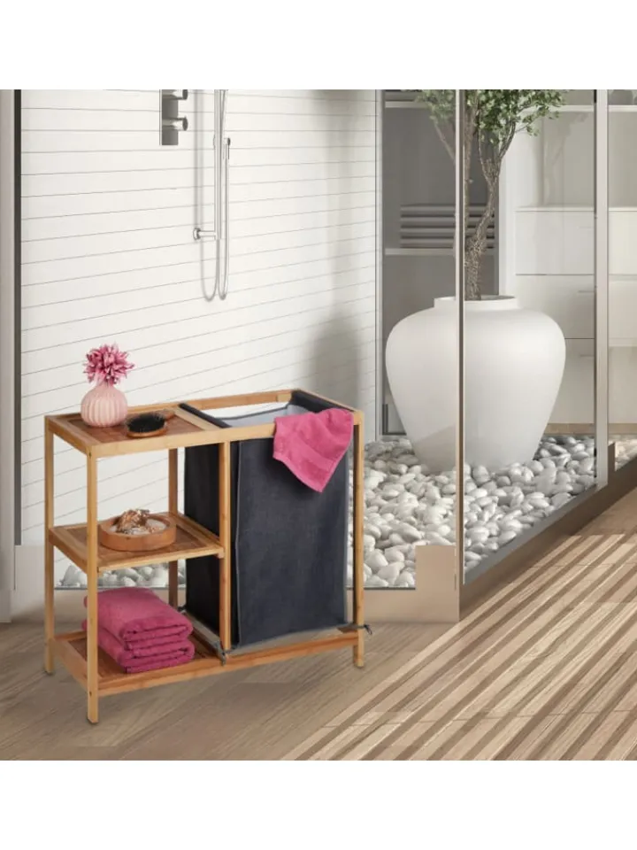 relaxdays Wäschekörbe & -Ständer<Wäschekorb Regal in Natur/ Grau - (B)68 x (H)65 x (T)33 cm