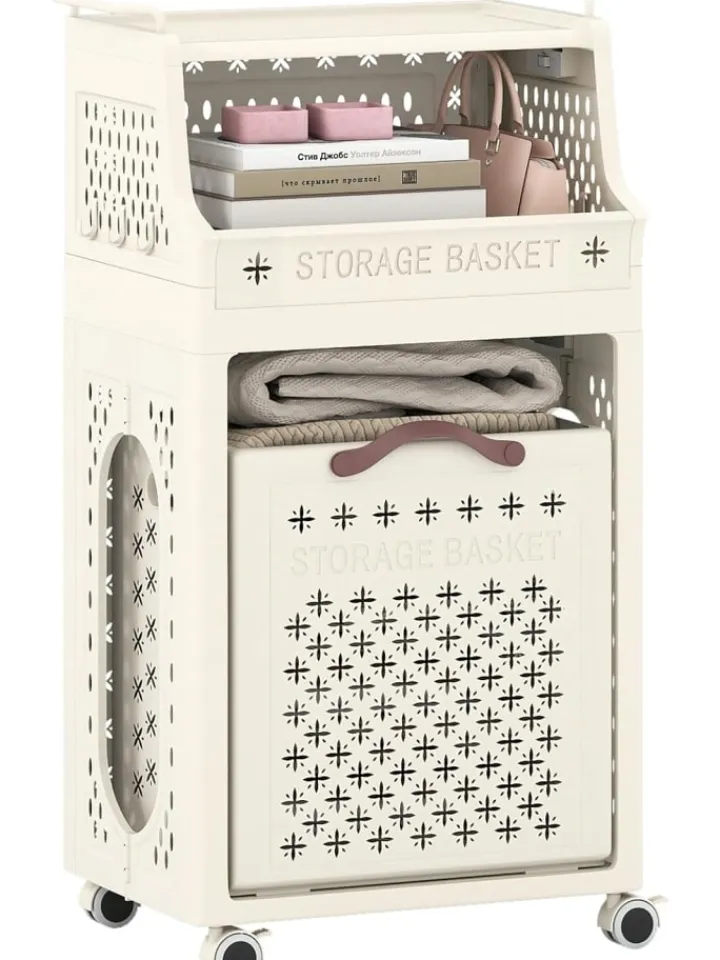 COSTWAY Wäschekörbe & -Ständer<Wäschekorbwagen 40L mit Ablagen in Beige