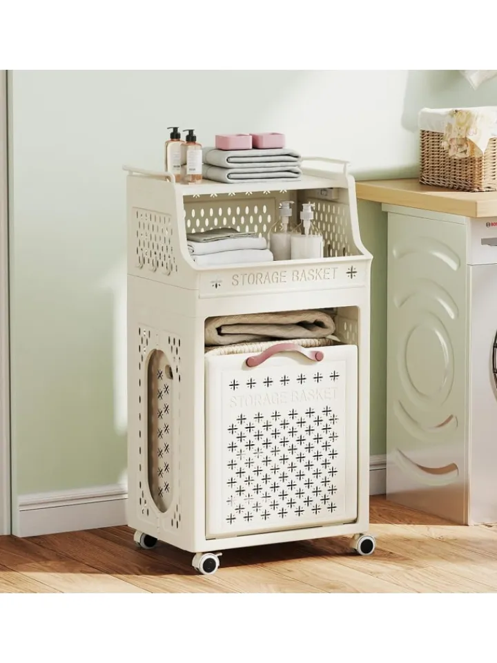 COSTWAY Wäschekörbe & -Ständer<Wäschekorbwagen 40L mit Ablagen in Beige