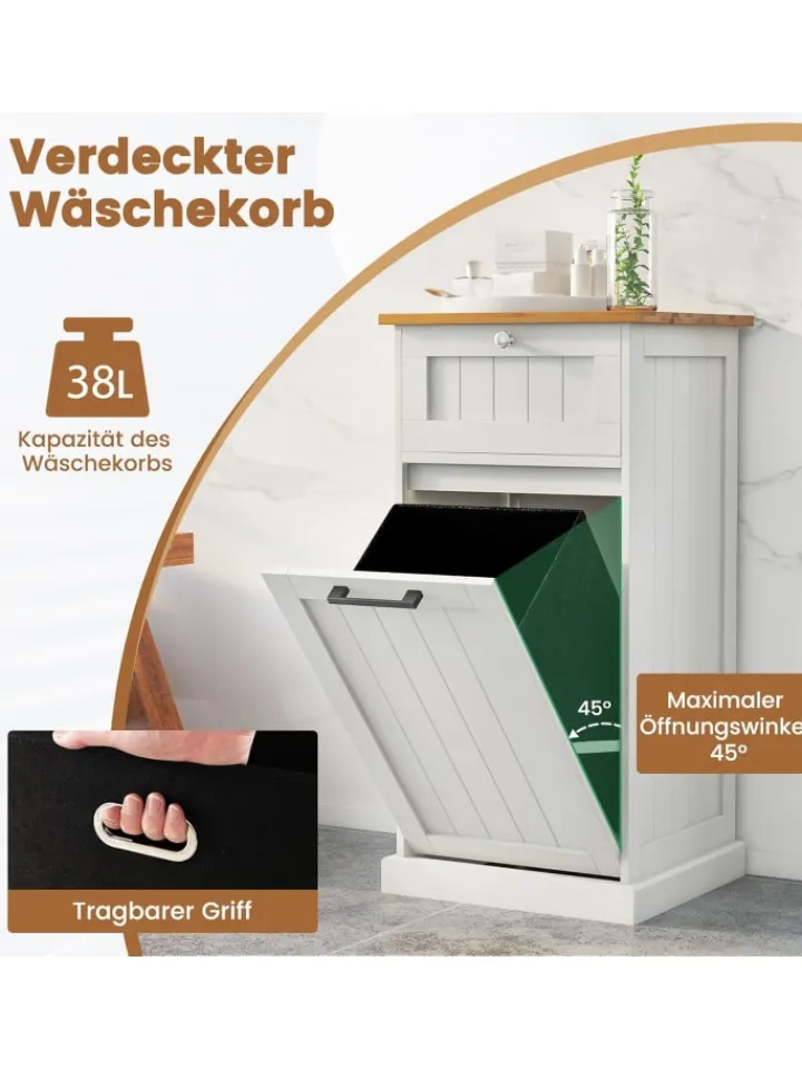 COSTWAY Wäschekörbe & -Ständer<Wäscheschrank mit Wäschekorb 40 x 37 x 82 cm in Weiß