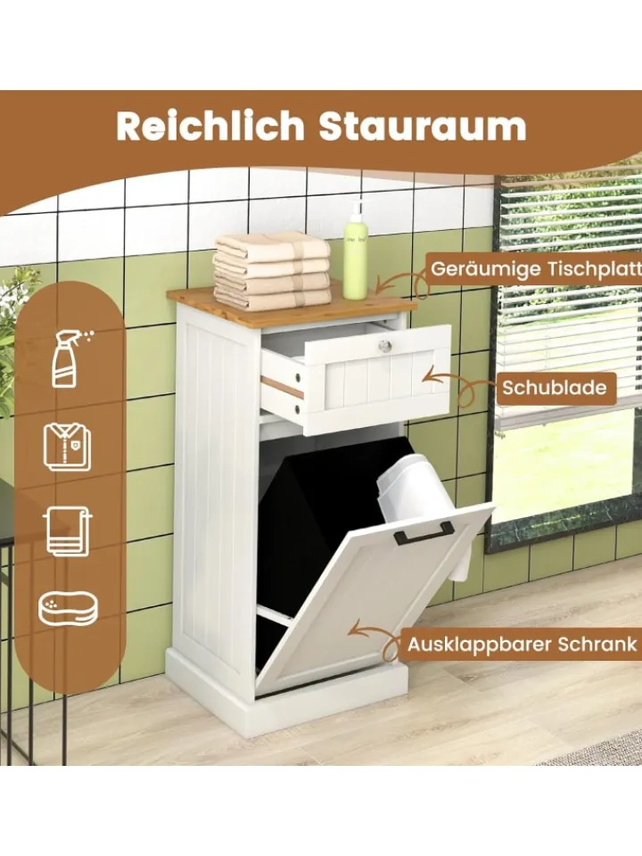 COSTWAY Wäschekörbe & -Ständer<Wäscheschrank mit Wäschekorb 40 x 37 x 82 cm in Weiß