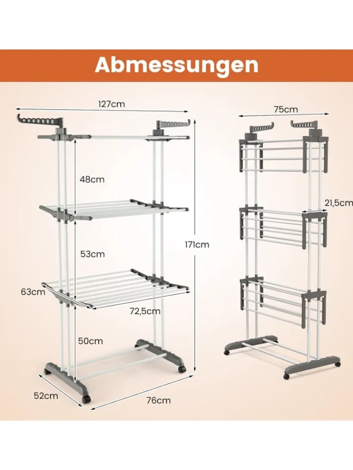 COSTWAY Wäschekörbe & -Ständer<Wäscheständer mit Rollen in Grau