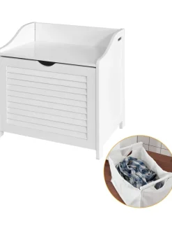 SoBuy Badmöbel<Wäschetruhe in Weiß - (B)50 x (H)53 x (T)35cm