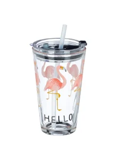 relaxdays Gedeckter Tisch<4x Glasbecher "Flamingo" in Transparent/ Pink - 450 ml