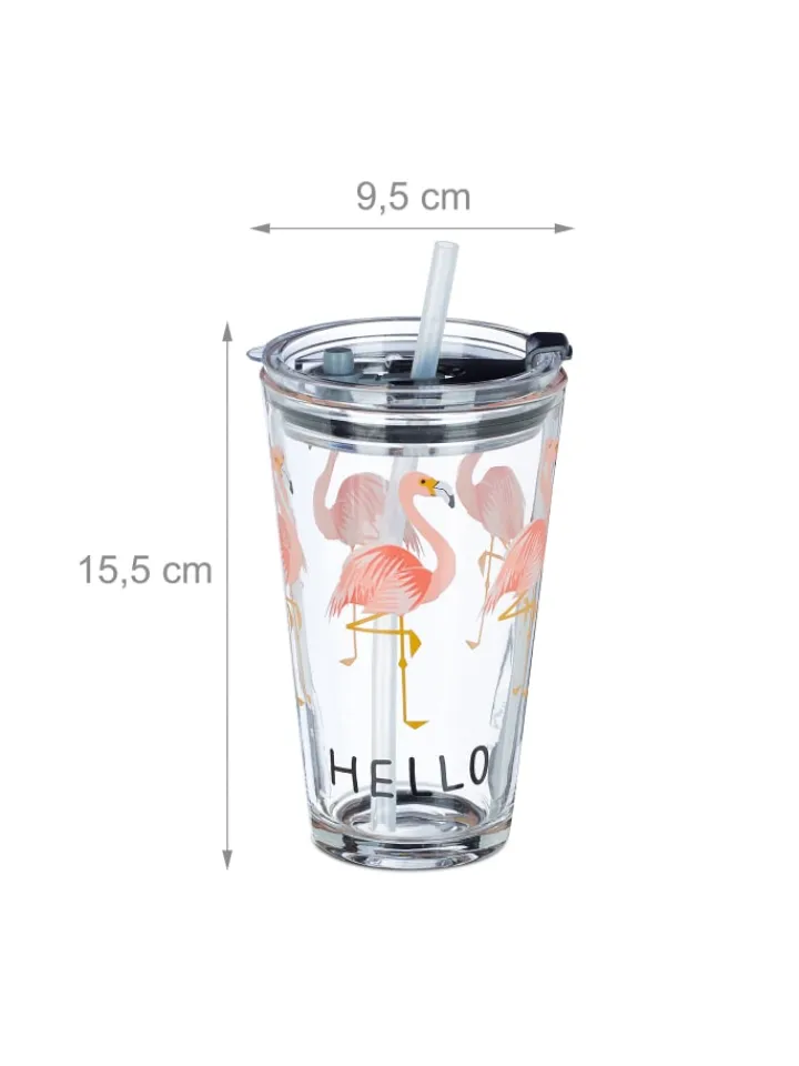 relaxdays Gedeckter Tisch<4x Glasbecher "Flamingo" in Transparent/ Pink - 450 ml