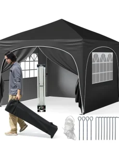 COSTWAY Gartenmöbel<3x3 m Faltpavillon mit 4 Seitenwänden in Schwarz