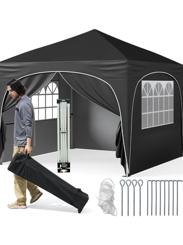 COSTWAY Gartenmöbel<3x3 m Faltpavillon mit 4 Seitenwänden in Schwarz