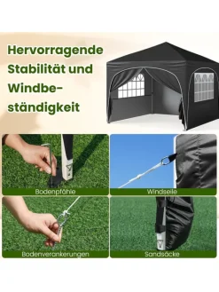 COSTWAY Gartenmöbel<3x3 m Faltpavillon mit 4 Seitenwänden in Schwarz