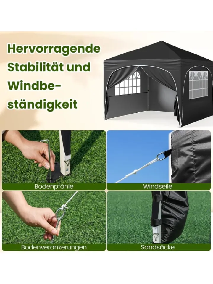 COSTWAY Gartenmöbel<3x3 m Faltpavillon mit 4 Seitenwänden in Schwarz