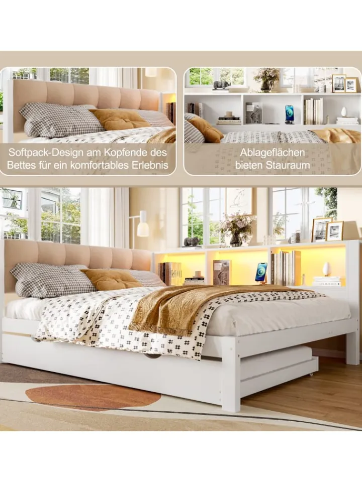 ABRIHOME Betten & Matratzen<140x200cm Einzelbett Tagesbett ausziehbar mit LED
