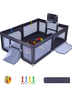 COSTWAY Babymöbel<207x145cm Laufgitter mit Basketballkorb & 50 Spielbällen in Anthrazit