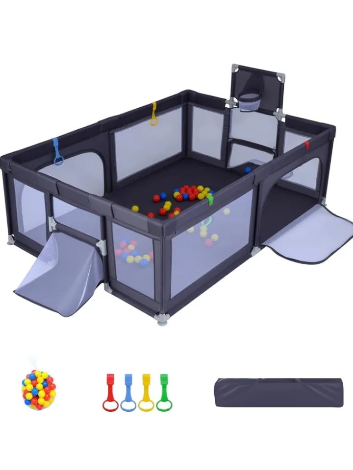 COSTWAY Babymöbel<207x145cm Laufgitter mit Basketballkorb & 50 Spielbällen in Anthrazit