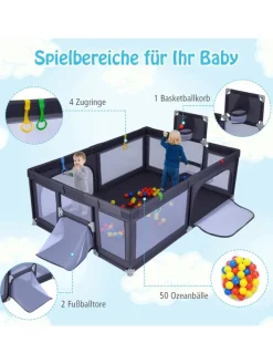 COSTWAY Babymöbel<207x145cm Laufgitter mit Basketballkorb & 50 Spielbällen in Anthrazit
