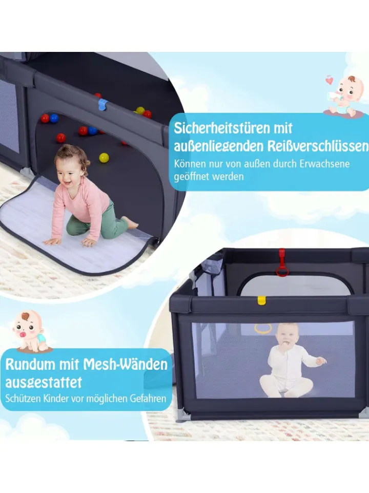 COSTWAY Babymöbel<207x145cm Laufgitter mit Basketballkorb & 50 Spielbällen in Anthrazit