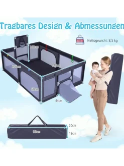 COSTWAY Babymöbel<207x145cm Laufgitter mit Basketballkorb & 50 Spielbällen in Anthrazit