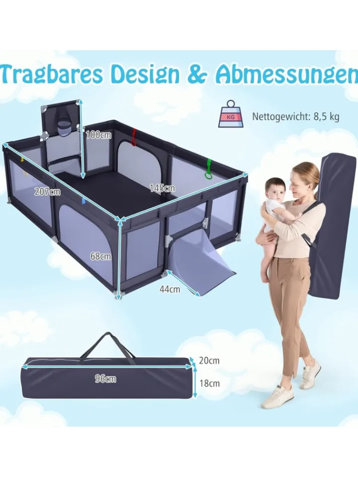 COSTWAY Babymöbel<207x145cm Laufgitter mit Basketballkorb & 50 Spielbällen in Anthrazit