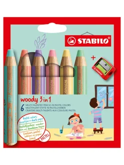 STABILO Büro- & Schulbedarf<XXL-Buntstifte "Woody 3in1 - Pastel" - 6 Stück+Spitzer